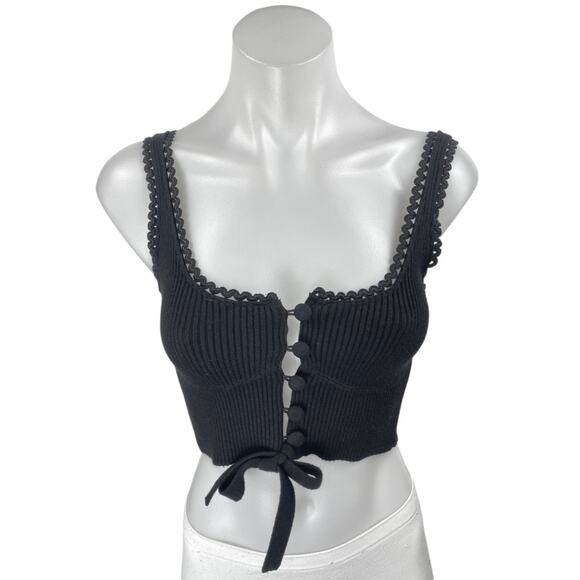 For Love & Lemons Black Sleeveless Rib Knit Button Tie Corset Crop Tank Top XS - Picture 1 of 3